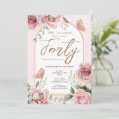 40歳の誕生日赤面ピンクの水カラーフローラバラ 招待状 (スタンド正面)