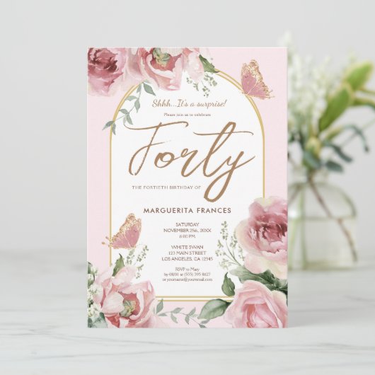 40歳の誕生日赤面ピンクの水カラーフローラバラ 招待状 (スタンド正面)