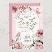 40歳の誕生日赤面ピンクの水カラーフローラバラ 招待状 (正面/裏面)