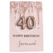 40歳の誕生日赤面ピンクグリッタードリップバラ金ゴールド ミディアムペーパーバッグ (正面)