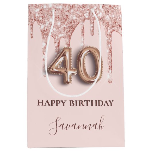 40歳の誕生日赤面ピンクグリッタードリップバラ金ゴールド ミディアムペーパーバッグ (正面)