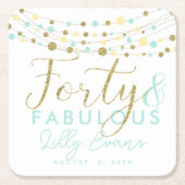 40歳の誕生日金ゴールドとティール（緑がかった色）コースターカスタマイズ スクエアペーパーコースター (正面)