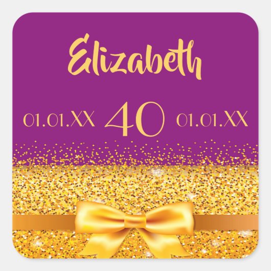 40歳の誕生日金ゴールドの弓紫のリボン スクエアシール (正面)