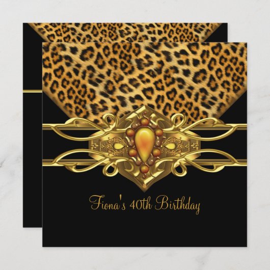 40歳の誕生日金ゴールドブラックレオパードチータジュエル 招待状 (正面/裏面)