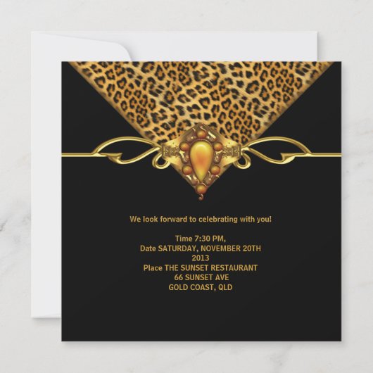 40歳の誕生日金ゴールドブラックレオパードチータジュエル 招待状 (裏面)