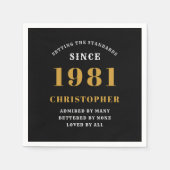 40歳の誕生日1981年ブラック金ゴールドパーソナライズされた スタンダードカクテルナプキン (正面)