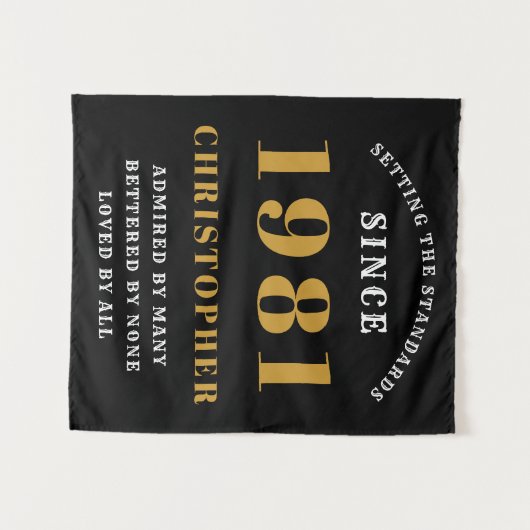 40歳の誕生日1981年ブラック金ゴールドパーソナライズされた タペストリー (正面(横))