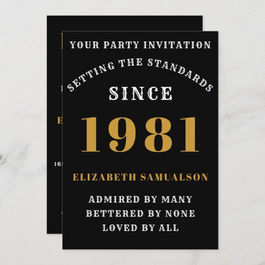40歳の誕生日1981年ブラック金ゴールドパーソナライズされたfor Her 招待状 (正面/裏面)