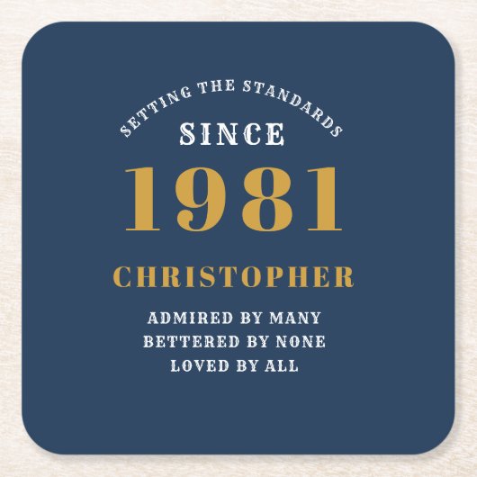 40歳の誕生日1981青い金ゴールドパーソナライズされた スクエアペーパーコースター (正面)