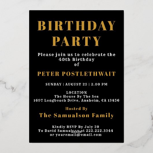 40歳の誕生日1984年ブラック金ゴールドパーソナライズされたfor He 箔招待状 (裏面)