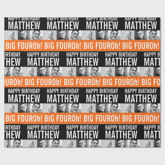 40歳の誕生日3枚の写真黒とオレンジストライプ色 ラッピングペーパー (フラット)