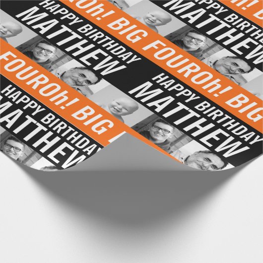 40歳の誕生日3枚の写真黒とオレンジストライプ色 ラッピングペーパー (角)