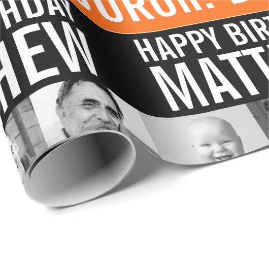 40歳の誕生日3枚の写真黒とオレンジストライプ色 ラッピングペーパー (ロールコーナー)