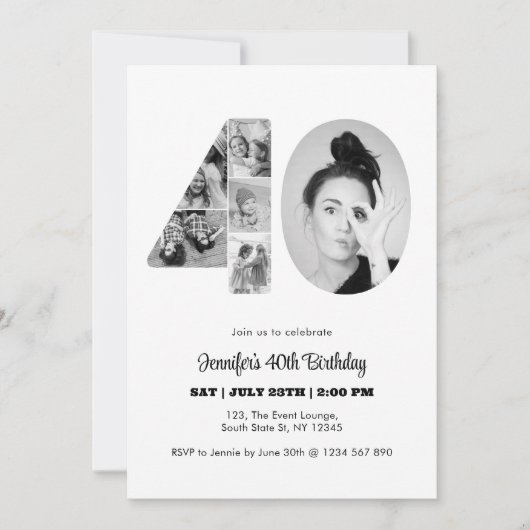 40歳の誕生日40フォトコラージュ白黒 招待状 (正面)