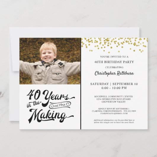 40歳の誕生日40歳のメイキング金ゴールド紙吹雪 招待状 (正面)