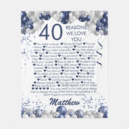 40歳の誕生日40私たちはあなたを愛する理由ブルー フリースブランケット (正面)