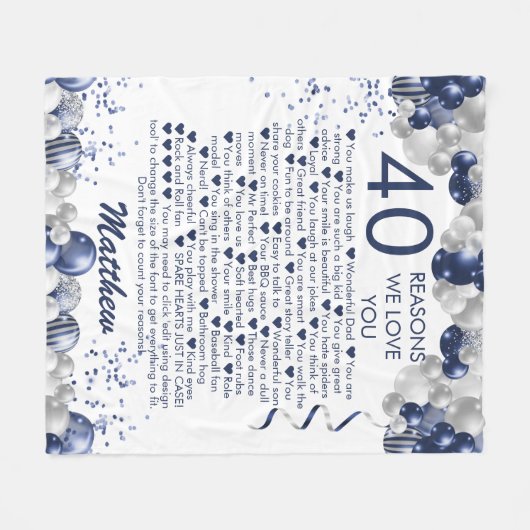 40歳の誕生日40私たちはあなたを愛する理由ブルー フリースブランケット (正面(横))