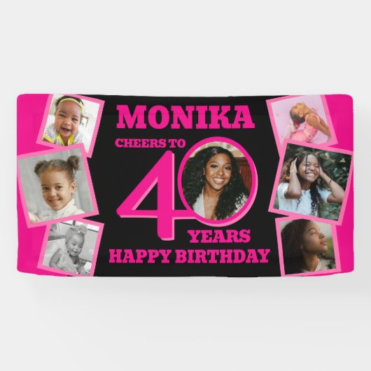 40歳の誕生日7枚の写真名前ピンク・ブラック 横断幕 (横)