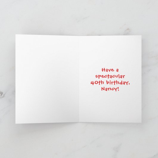 40歳の誕生日：おもしろいケーキとキャンドル+名前をカスタムする カード (内部)