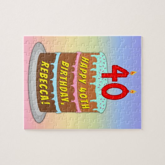 40歳の誕生日：おもしろいケーキとキャンドル+名前をカスタムする ジグソーパズル (横)