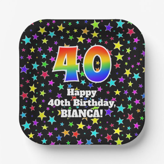 40歳の誕生日：おもしろいスターのパターンと虹"40" ペーパープレート (正面)