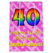 40歳の誕生日：おもしろいピンクハートストライプ; Rainbow 40 ミディアムペーパーバッグ (裏面)