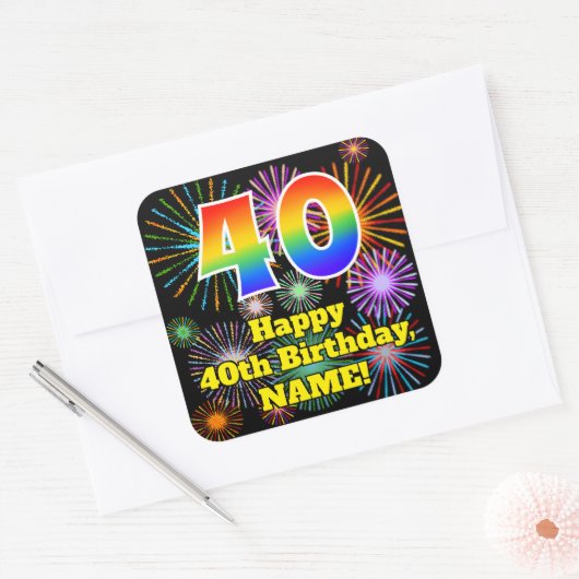 40歳の誕生日:おもしろい花火のルック、虹# 40 スクエアシール (封筒)