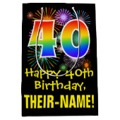 40歳の誕生日：おもしろい花火パターン+虹40 ミディアムペーパーバッグ (正面)