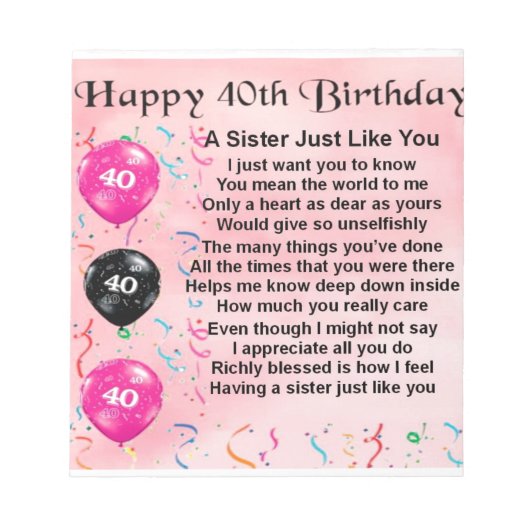 40歳の誕生日 - お姉さんへの詩 ノートパッド (正面)