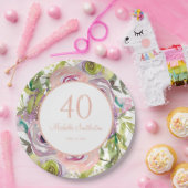 40歳の誕生日 お花 紫 ピンク ゴールドラメ ペーパープレート (パーティー)