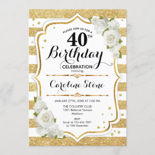 40歳の誕生日 - ゴールドの白いストライプとバラ 招待状