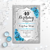 40歳の誕生日 - シルバーのストライプとアイスブルーのバラ 招待状