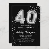 40歳の誕生日 – シルバー・バルーン・ブラック 招待状 (正面/裏面)
