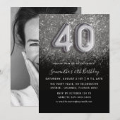 40歳の誕生日 シルバー&ブラックのラメパーティー 招待状 (正面/裏面)