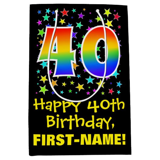 40歳の誕生日:スターカラフルズパターン&レインボー40 ミディアムペーパーバッグ (正面)