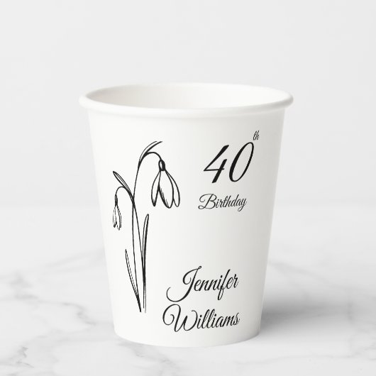 40歳の誕生日 スノードロップの花 ブラック&ホワイト 紙コップ (正面)