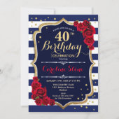 40歳の誕生日 – ネイビーストライプホワイトと赤のバラ 招待状 (正面)