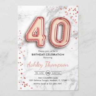 40歳の誕生日 – バラ金ゴールドバルーン大理石効果 招待状