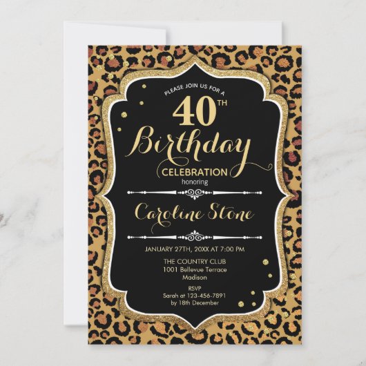 40歳の誕生日 - ヒョウ柄プリント 招待状 (正面)