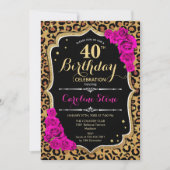 40歳の誕生日 – ピンクのバラLeopard Print 招待状 (正面)