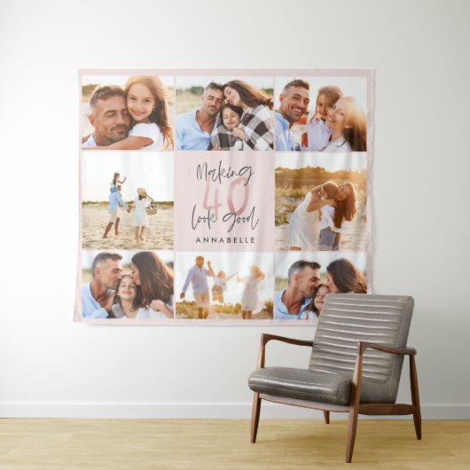 40歳の誕生日 ピンクの女の子らしいグリッター フォト コラージュ タペストリー (インサイチュ(横))