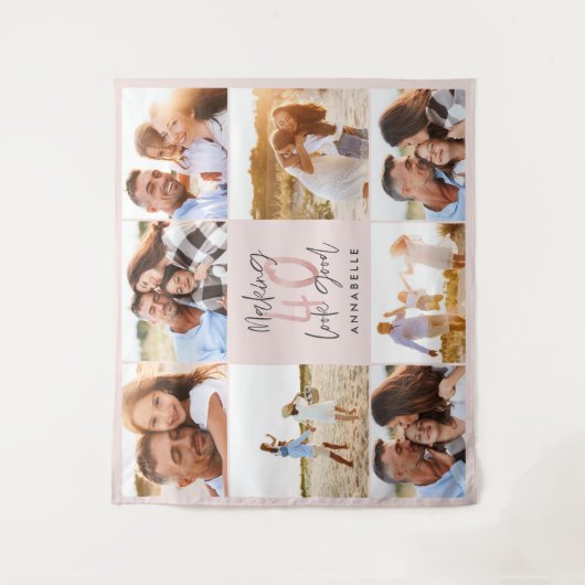 40歳の誕生日 ピンクの女の子らしいグリッター フォト コラージュ タペストリー (正面)