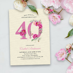 40歳の誕生日 ピンクの芍薬の花の数字40 招待状
