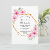 40歳の誕生日 ピンクの花 ゴールドの幾何学模様 招待状 (スタンド正面)