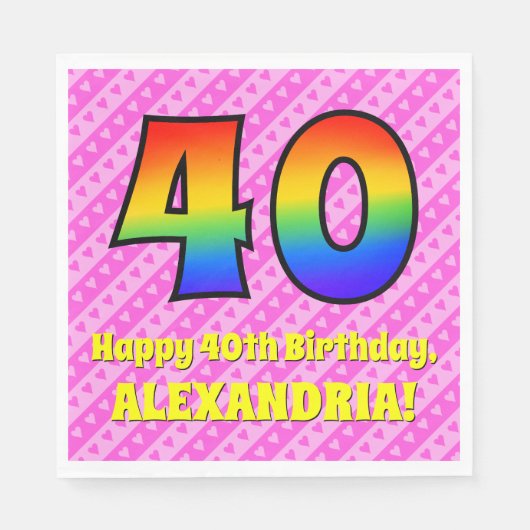 40歳の誕生日:ピンクストライプのハートとレインボー# 40 スタンダードランチョンナプキン (正面)