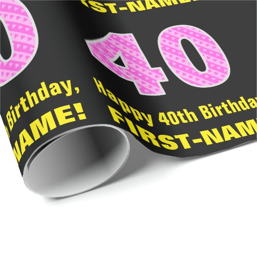 40歳の誕生日:ピンクストライプのハートと40歳+名前 ラッピングペーパー (ロールコーナー)