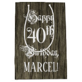 40歳の誕生日： ファンシー, フェイク Wood Look +名前をカスタムする ミディアムペーパーバッグ (正面)