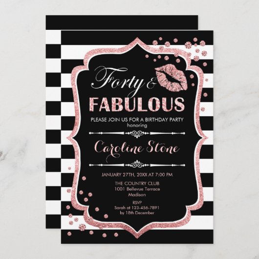 40歳の誕生日 – フォーティーファブルブラックバラ金ゴールド 招待状 (正面/裏面)