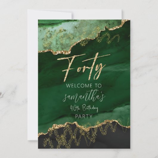 40歳の誕生日 フォーティ エメラルドグリーンとゴールドのサイン 招待状 (正面)