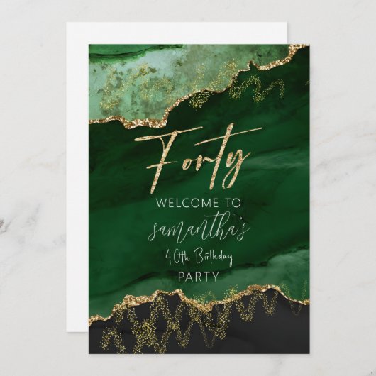 40歳の誕生日 フォーティ エメラルドグリーンとゴールドのサイン 招待状 (正面/裏面)